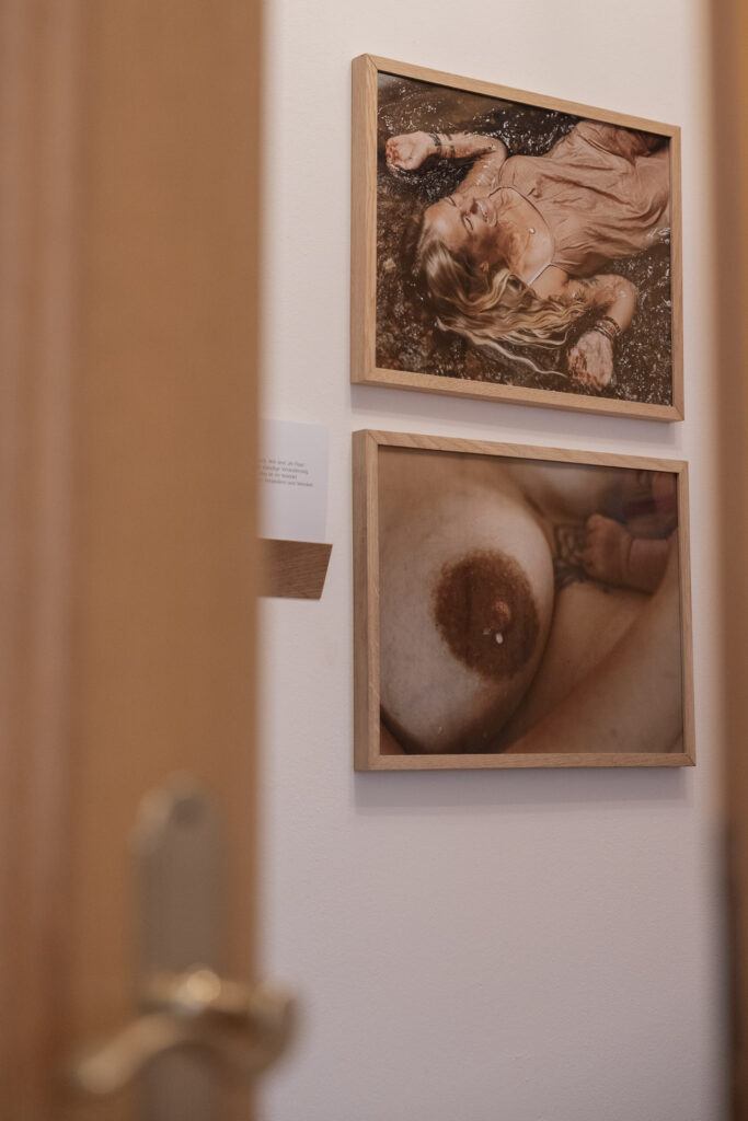 Zwei Bilder, die an eine Wand gehängt sind.