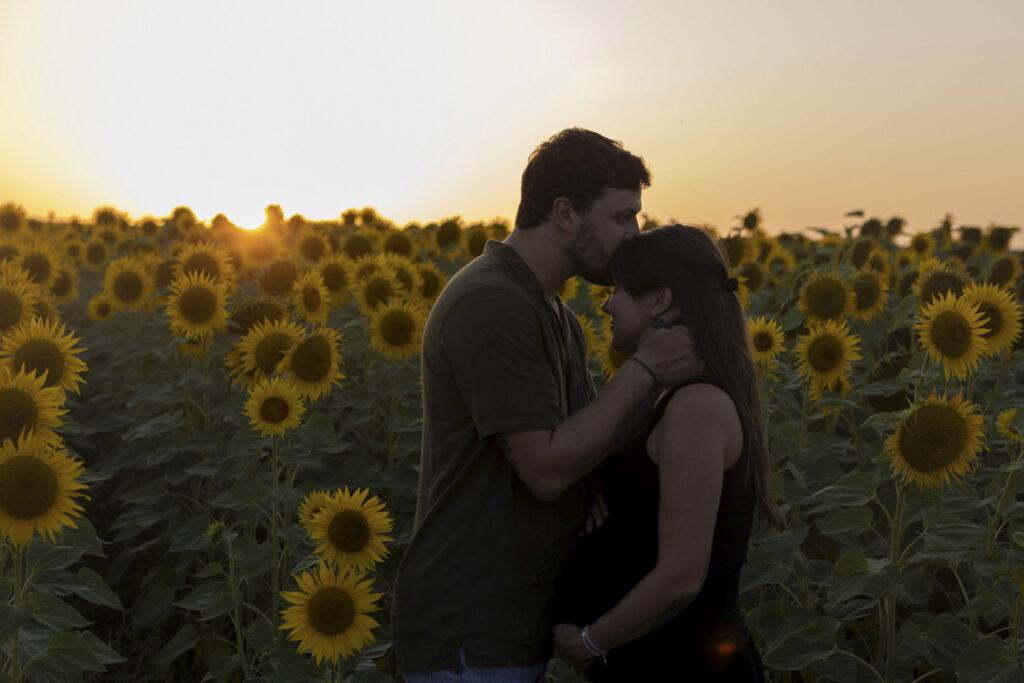 Mann küsst schwangere Frau auf die Stirn, dahinter ist ein Sonnenblumenfeld und die Sonne geht unter.