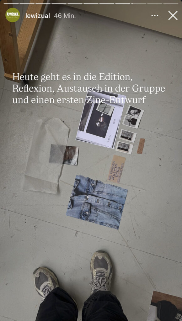 Ein Screenshot eines Instagrambeitrages. Es zeigt eine Sammlung von Texten und Bildern für einen Zine-Entwurf.