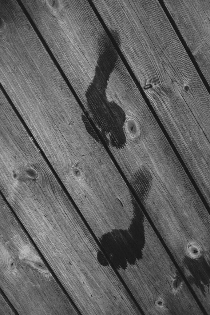 Schwarz-Weiß-Bild. Naße Fußabdrücke auf Holzboden.